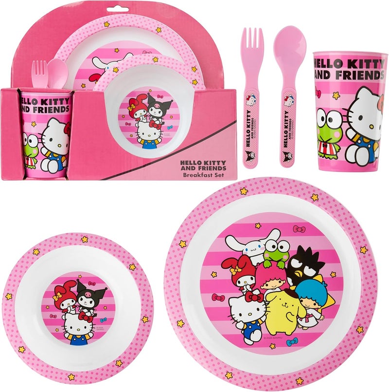 Get Trend Hello Kitty Sanrio Dinnerware Sets for Kids, 5 Pc Tableware, Plate, Bowl, Cup, Spoon, Fork, Kawaii Plates and Bowls Set, Gifts for Kids (Pink Hello Kitty) - Image 1